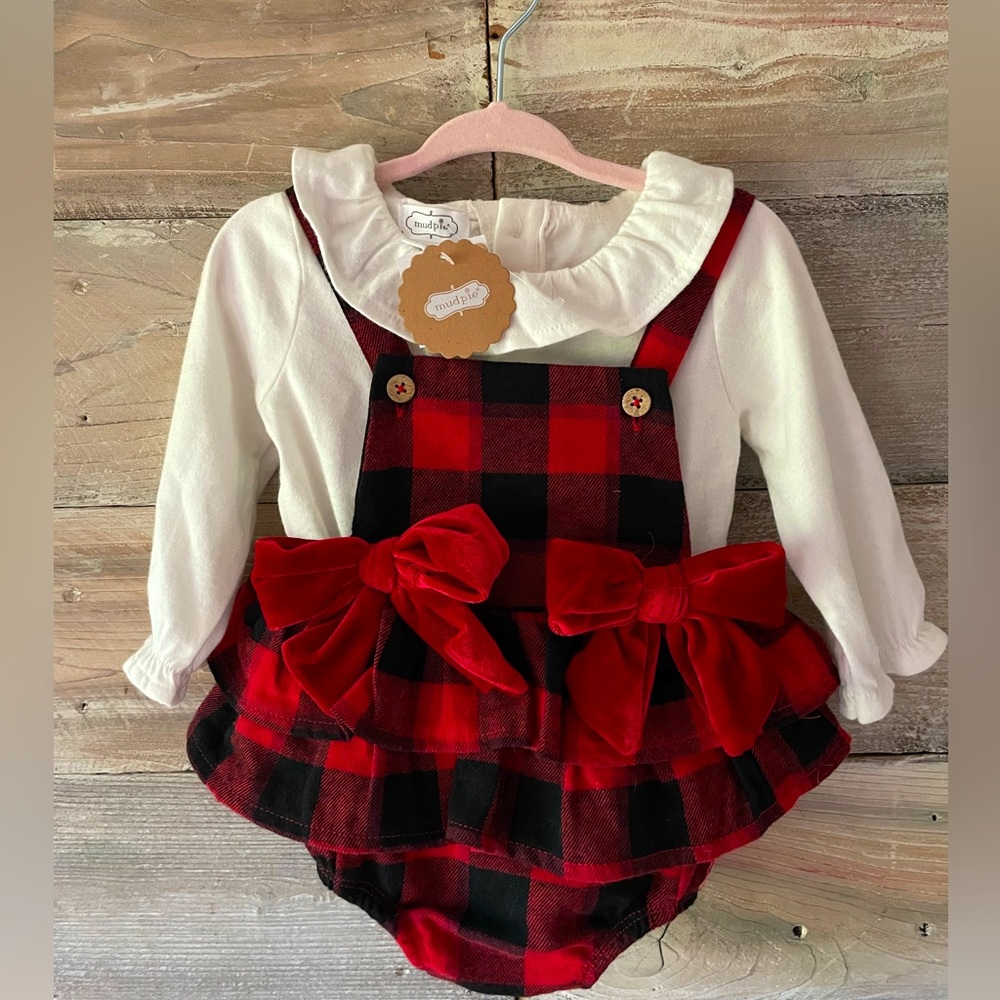 NWT 2 pc Mud Pie Red/Black Plaid Ruffled Bubble withh Long Sleeve Onesie 3-6M